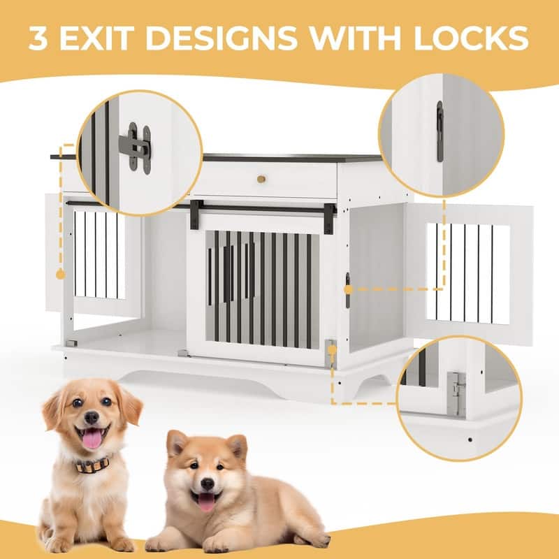 Wooden Dog Crate Kennel Furniture with Barn Door 2 Storage Drawers Removable Divider