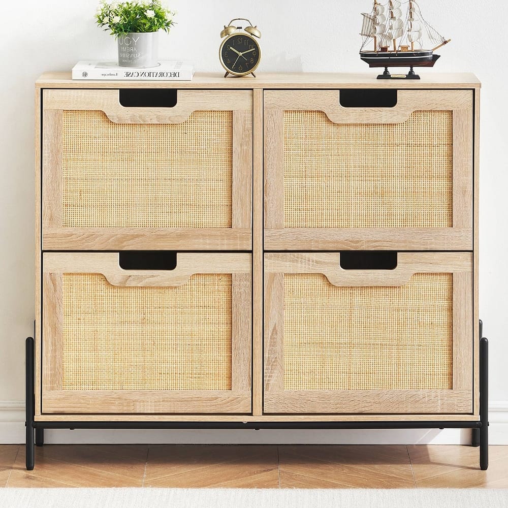 Natural Rattan 4 Flip Door Shoe Storage Cabinet