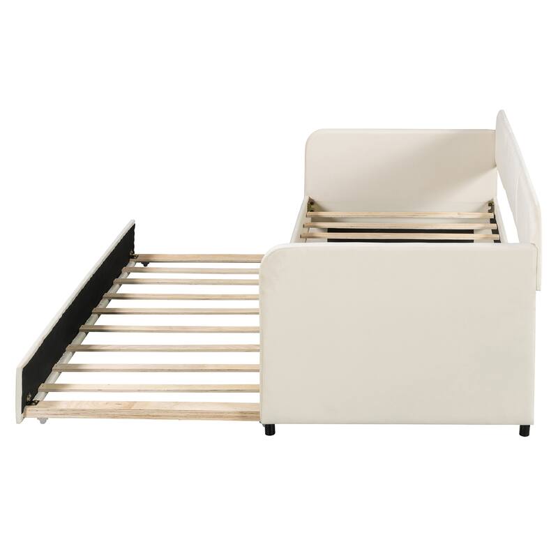 Twin Size Upholstered Daybed Sofa Bed with Trundle and Wood Slat, Light Blue/Beige/Gray