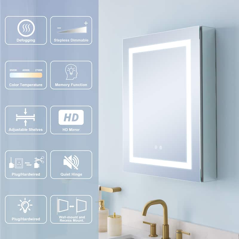 30" H Recessed or Surface LED Mirror Cabinet with Adjustable Glass Shelves,Defogger, Dimmer And Outlets & USB Ports