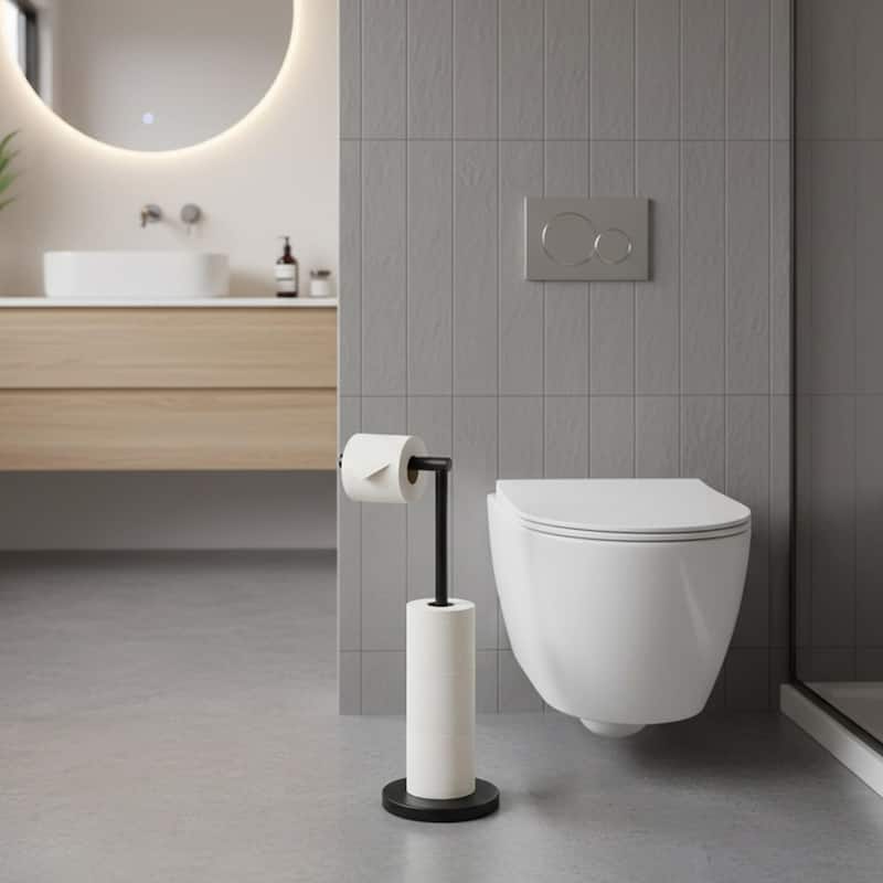 Sleek Toilet Paper Holder with Folding Arm and Reserve Compact Freestanding Metal Holder - Diameter 8 inches X 22" H