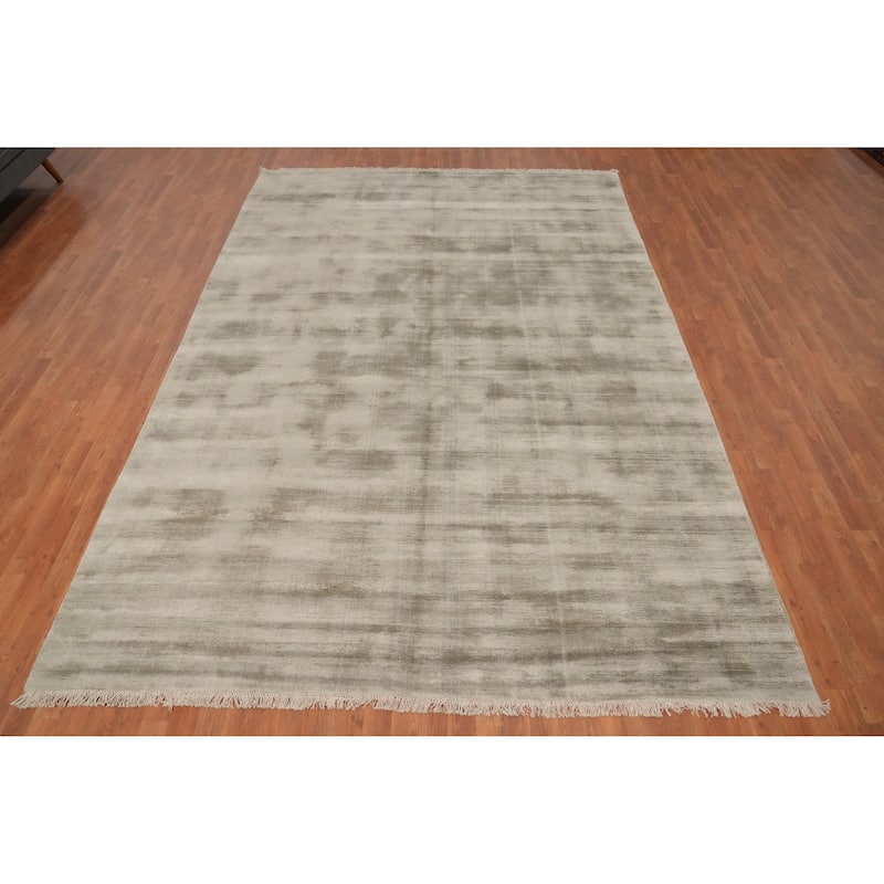 Hand Knotted Oriental Viscose Silk Carpet Modern Modern Beige & Ivories Abstract Area Rug - 11' 9'' X 8' 1''