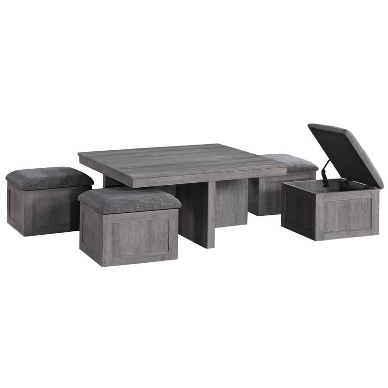 Wood Coffee Table Set with Storage Stools