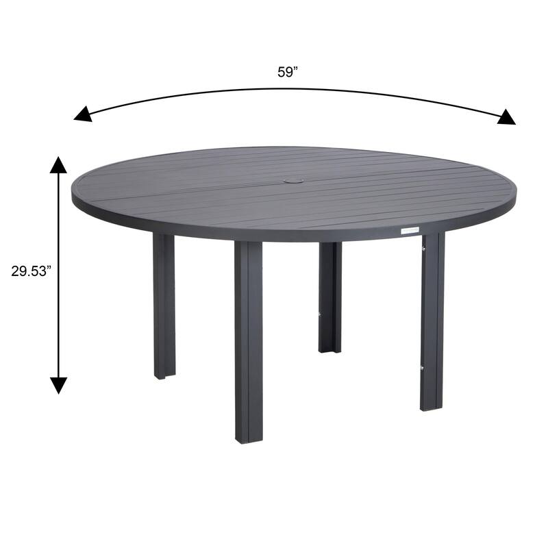Round Dining Table Powder-Coated Aluminum Top with Slatted Design and Umbrella Hole for Family Gatherings & Parties