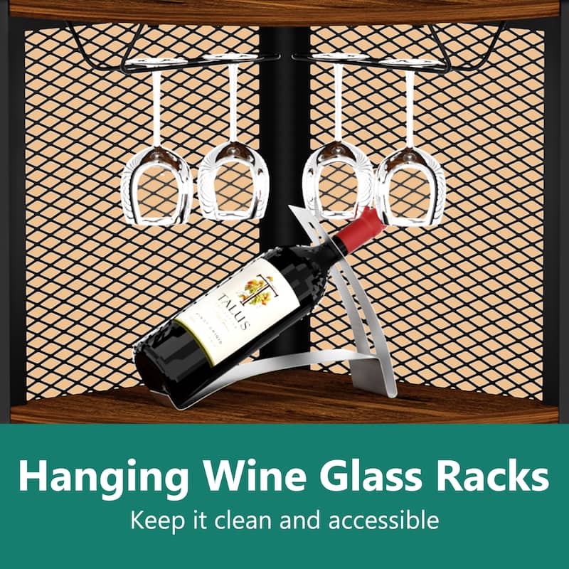 Industrial Corner Cabinet with Power Outlets - Wine Glass Rack and Mesh Door Storage for Home Bar