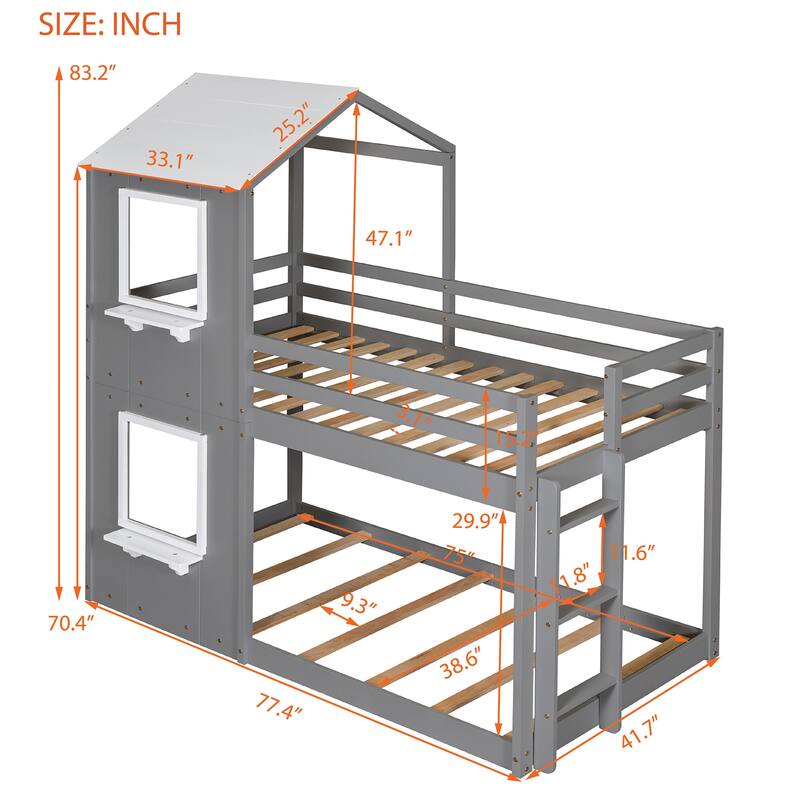 White Twin Over Twin Wood Bunk Bed with Roof, Window, Guardrail, and Ladder