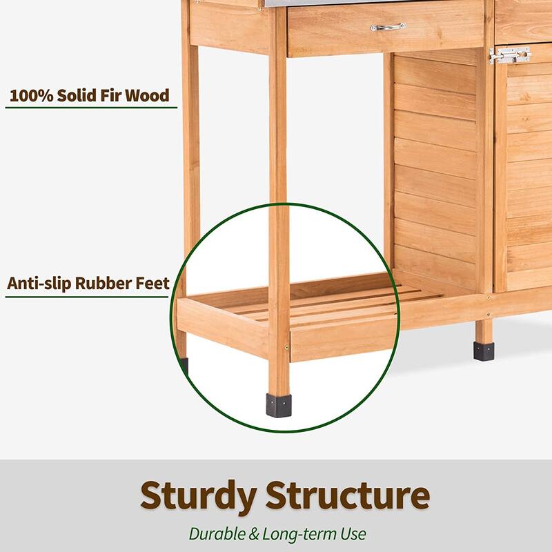 MCombo Potting Bench, Outdoor Garden Wood Potting Table Workstation with Cabinet, Metal Tabletop, Sliding Drawer, Open Shelf