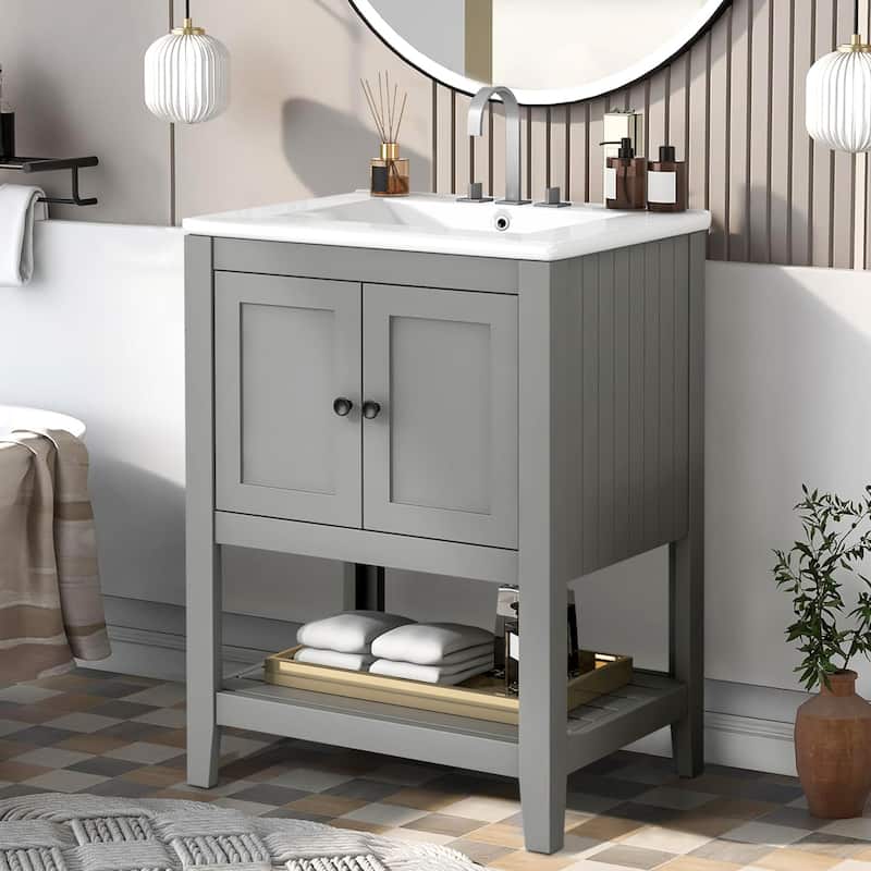 24" Bathroom Vanity Ceramic Sink with Solid Wood Frame Open Style Shelf - Grey
