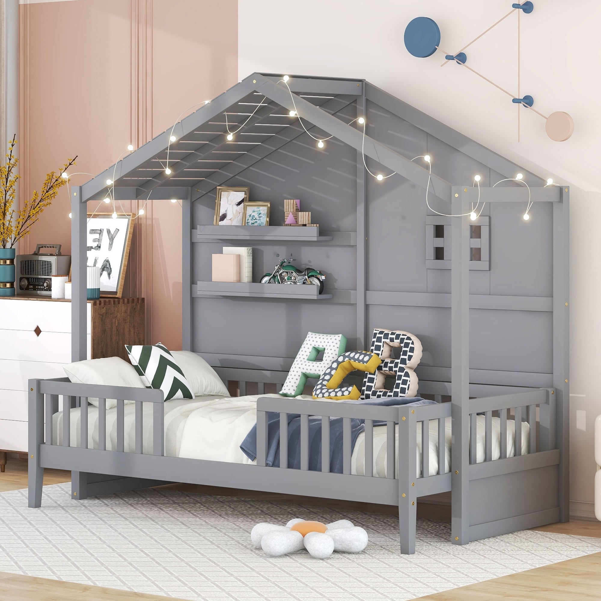 Twin Size House Bed with Storage Shelves and Rails Wood Kids Montessori Bed Frame with Window and Light Strip on The Roof
