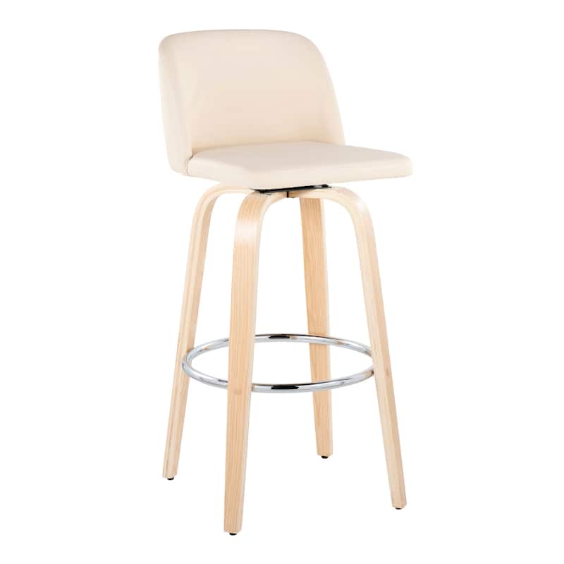 Carson Carrington Vallberga 30" Fixed-Height Bar Stool with Natural Wood Base (Set of 2) - Cream Faux Leather/Round Chrome Footrest