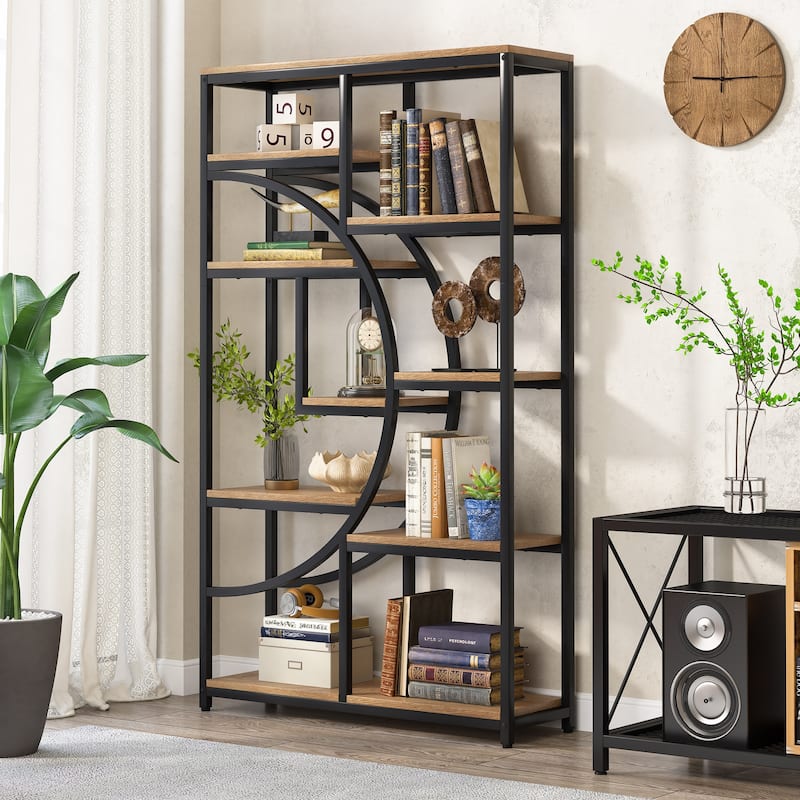 Industrial Etagere Bookcase with 8-Open Storage Shelf, Tall Geometric Book Shelves - Bright Brown