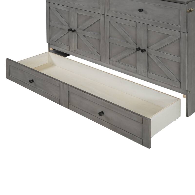 Queen Size Space-Saving Murphy Bed with Storage Drawers and USB Ports, Brushed Gray