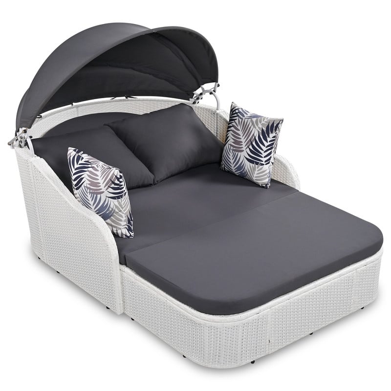 Outdoor PE Rattan Daybed Sunbed w/Adjustable Canopy, Double lounge
