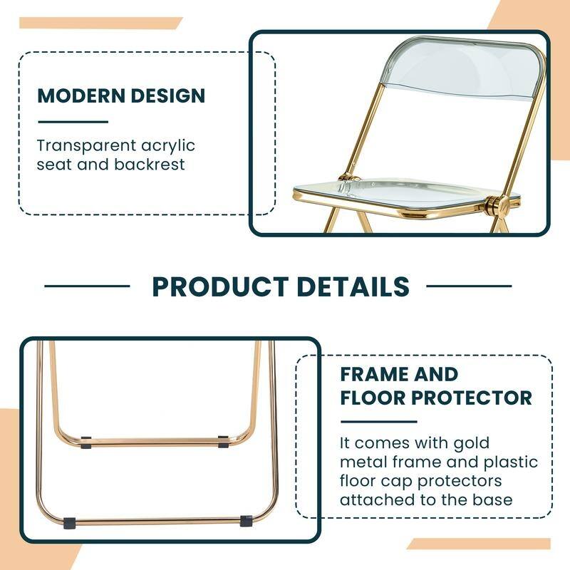Lawrence Modern Foldable Transparent Acrylic Gold Chrome Folding Chair for Multipurpose Spaces Set of 4 - 30"