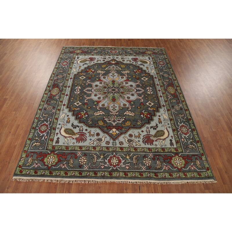 Animals Design Heriz Serapi Indian Area Rug Hand-Knotted Wool Carpet - 7'11" x 9'11"