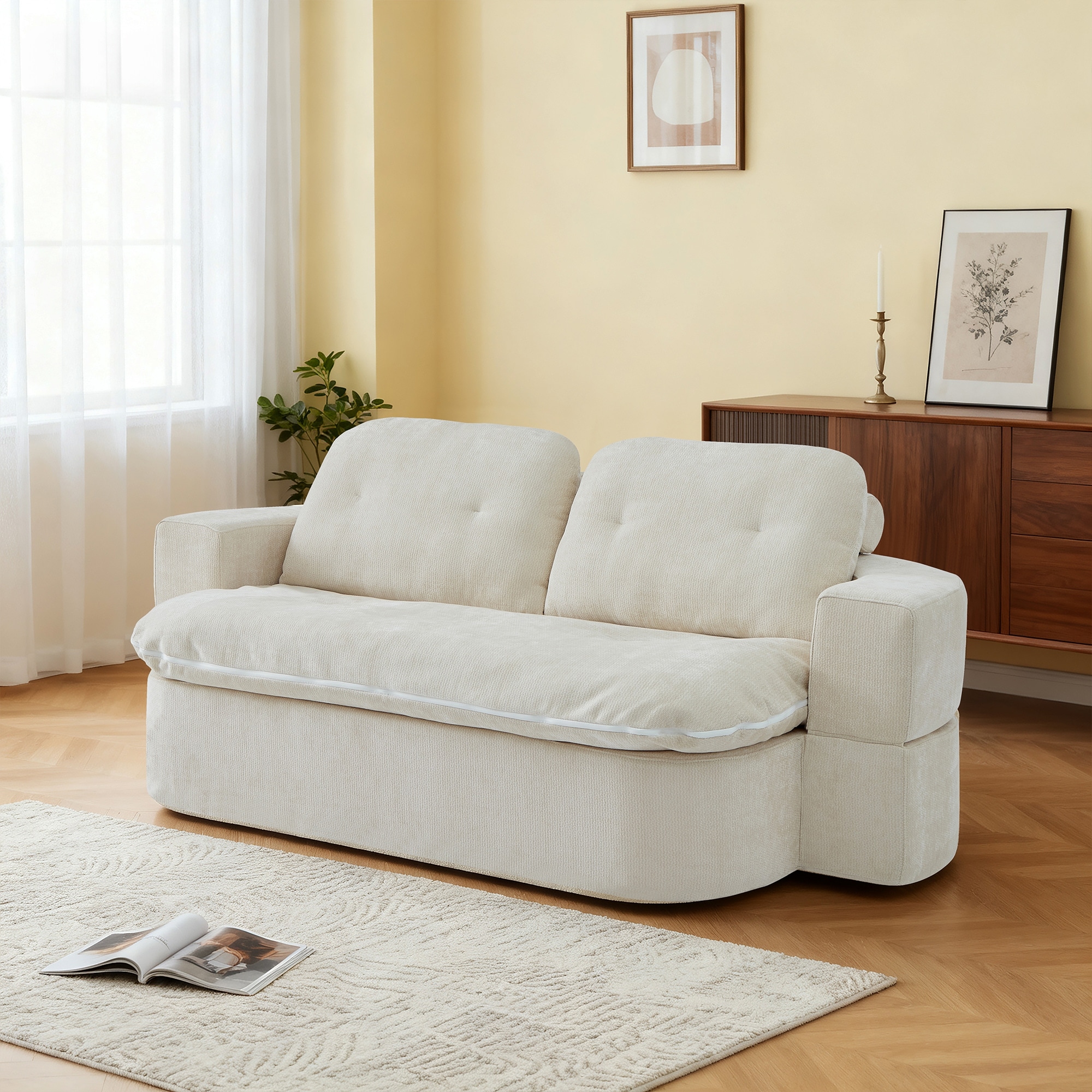 Modern 2-Seater Sofa Sofa Bed with Foldable Sofa Cushions and 2 Throw Pillows, for Living Room and Playroom, Beige