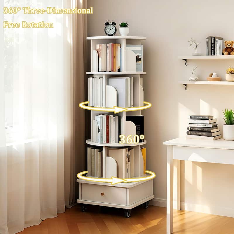 GDF Studio - Purling Modern 5-Tier Wood 360-Degree Rotating Bookshelf with Drawer Storage
