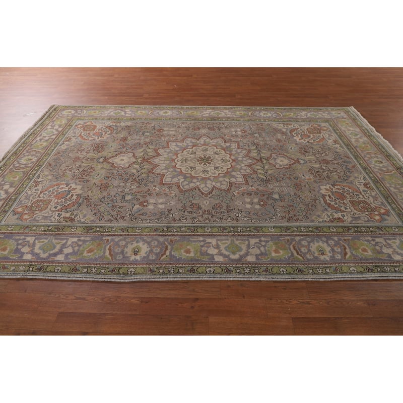 Gray Floral Tabriz Persian Vintage Area Rug Handmade Wool Carpet - 6'7" x 9'10"
