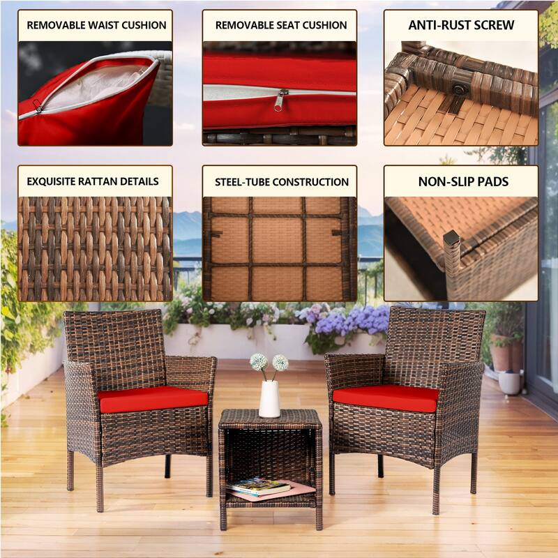 3 Piece Patio Conversation Bistro Set, Porch Balcony Furniture Set Outdoor Chat Furniture, Wicker Chairs and Storable Table Set