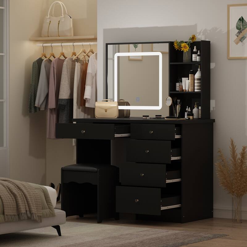 Kerrogee Makeup Vanity Set with Adjustable Lighted Mirror & Stool - 39.4"L x 19.7"W x 53.5"H