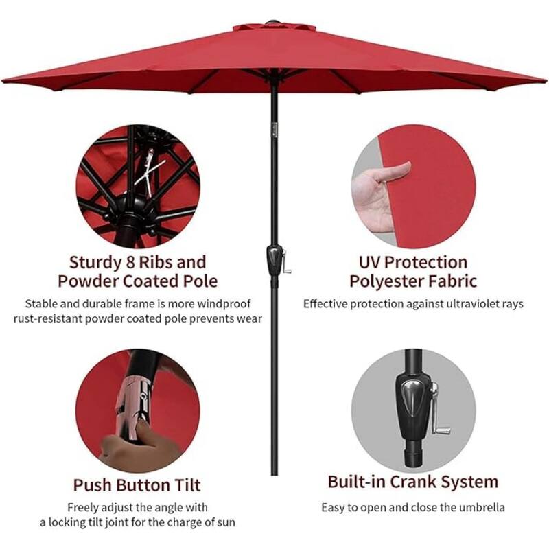 9 ft. Steel Market Outdoor Patio Umbrella with Base, Button Tilt, Crank and 8 Sturdy Ribs for Deck, Lawn& Pool in Red