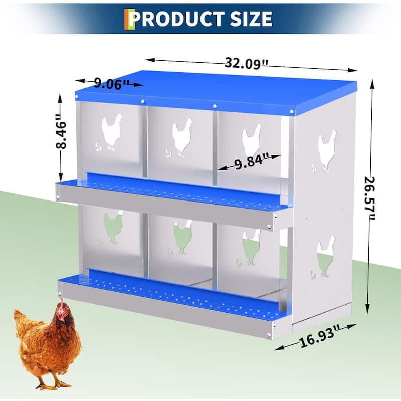 6 Compartment Metal Chicken Nesting Box, Laying Box for Hens Ducks Rabbits, Blue