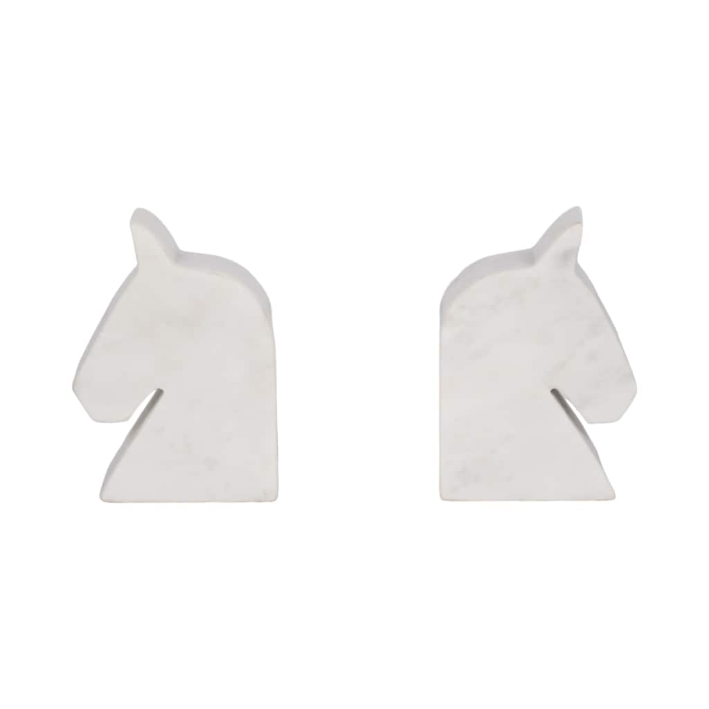 Sagebrook Home White Marble Horse Head Bookends, Majestic Decor Accent, 6-Inch Elegant Design, Set of 2 - 4" x 2" x 6"
