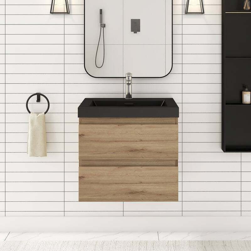 Floating Bathroom Vanity with Quartz Sand Top - Natural Oak - 23.62'' x 19.69'' x 22.44''