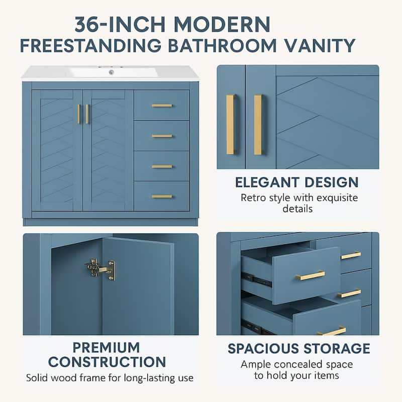 36'' Freestanding Bathroom Vanity with Sink, Solid Wood Frame, 3 Drawers