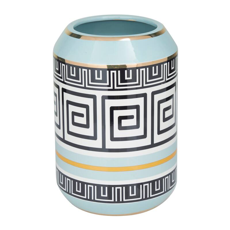Teal Ceramic Vase Embellished with Greek Knot Pattern