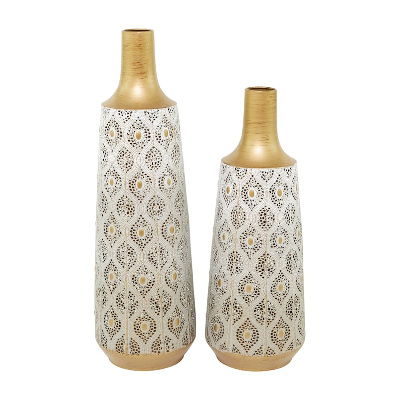 Metal Vase with Diamond Pattern - Set of 2 White - Roche River Decor - 7"W x 7"L x 24"H