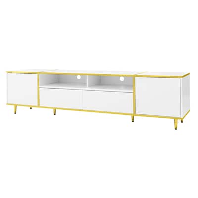 Modern TV Stand for TVs up to 80 Inches with LED Lights 2 Drawers 2 Cabinets 2 Shelves and Metal Legs