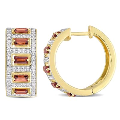 Miadora Baguette Garnet and White Topaz Hoop Earrings in Yellow Plated Sterling Silver