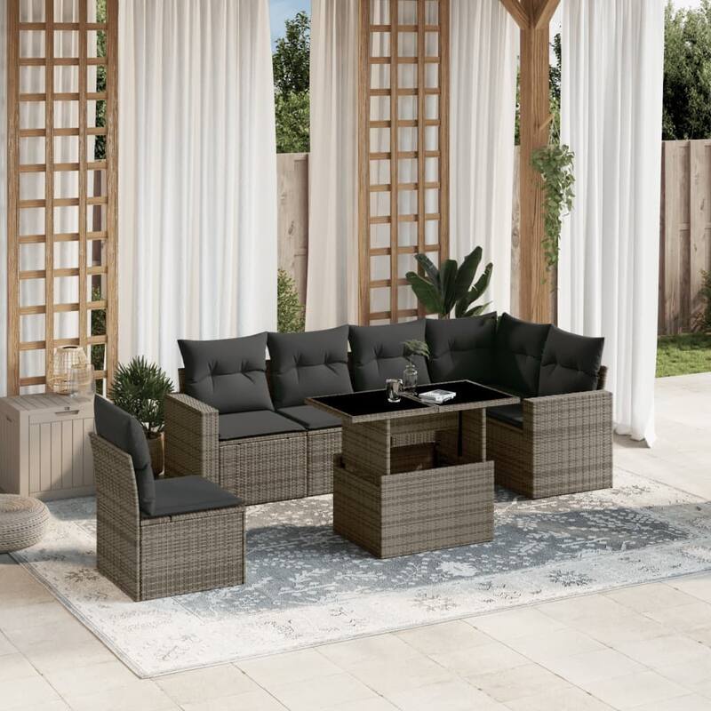 vidaXL Patio Sofa Set with Cushions Outdoor Furniture 7 Piece Poly Rattan - 21.7 x 39.4 x 28.7 - Grey