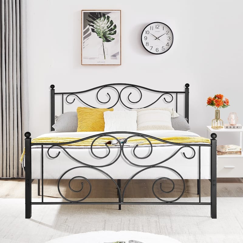 VECELO Metal Platform Bed Frame with Scroll Headboard, Twin/Full/Queen Size Beds - Black - Queen