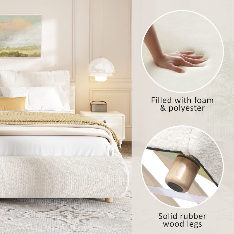 White Low-Profile Platform Bed Boucle Fabric Upholstered Frame with Wood Slat Metal Legs Support, 2 Removable Pillows Headboard