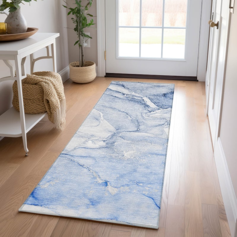 Machine Washable Indoor/ Outdoor Marble Chantille Rug - Navy - 2'3" x 7'6"