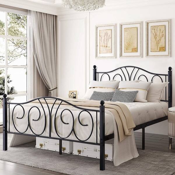 slide 2 of 29, Black Vintage Scroll Metal Platform Bed Frames with Headboard