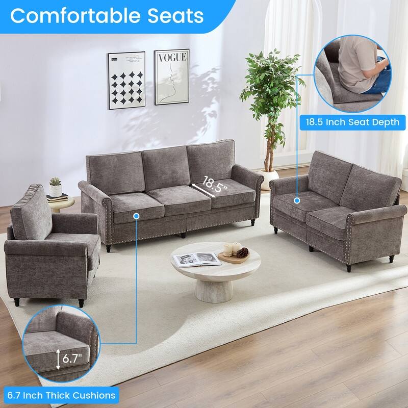 Mixoy 3Piece Chenille Living Room Sofa Set,Modern 3-Seater Sofa Couch&Loveseat Sofa&Single Sofa Armchair Set,Unique Riveted Look