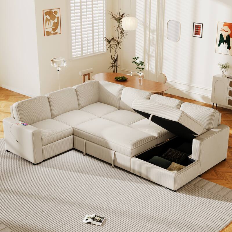 Merax U-shaped Corduroy Combination Corner Sofa with Storage Lounge Chair and USB Interfaces - Beige