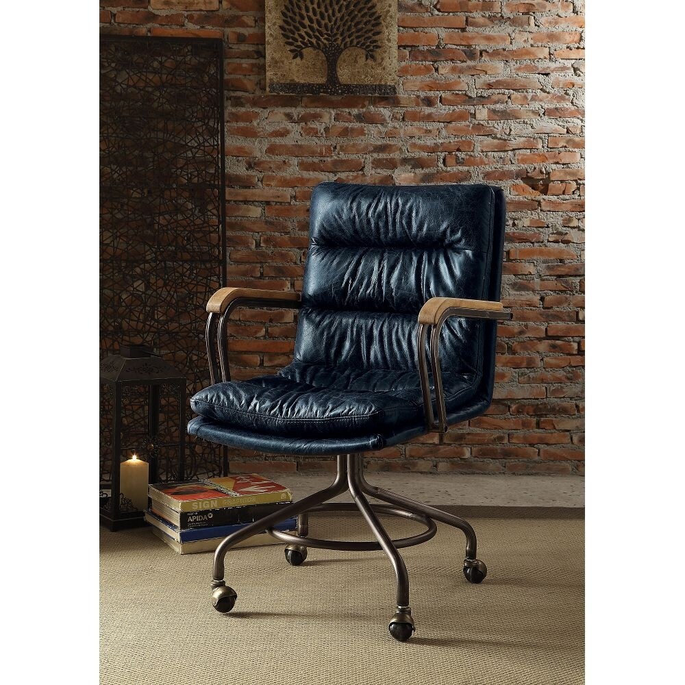 Industrial Style Vintage Whiskey Harith Top Grain Leather Office Chair Padded Armrests Office Chair with Swivel Seat Wheels