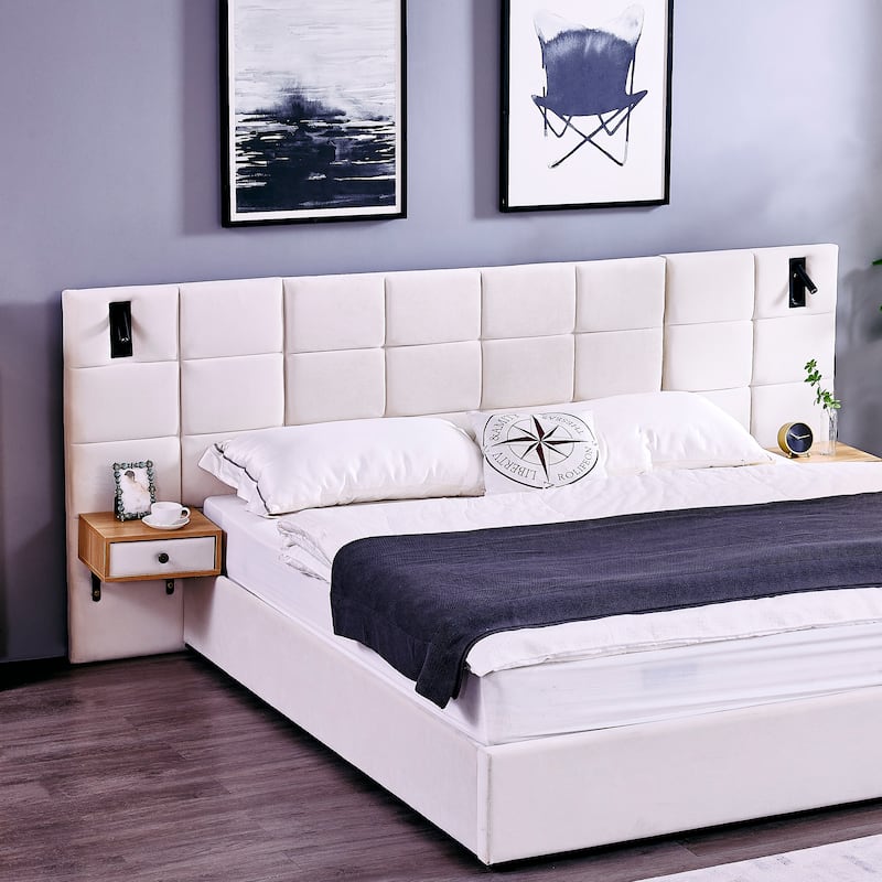 King Size Storage Velvet Upholstered Hydraulic Platform Bed with 2 Shelves, 2 Reading Lamps and USB Port