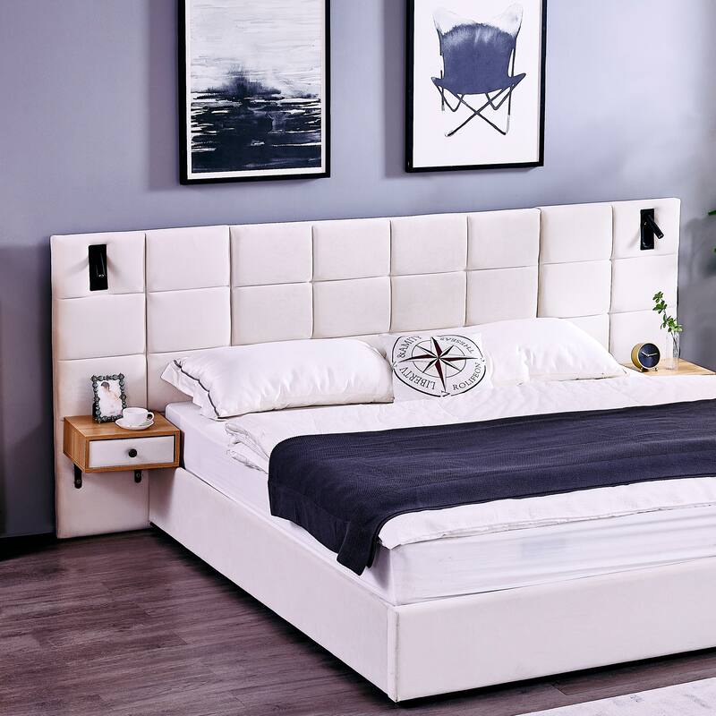 Roomfitters King Size Storage Velvet Hydraulic Platform Bed with Shelves, Reading Lamps and USB Port