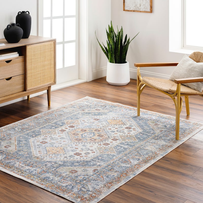 Livabliss Lillian Triple Medallion Machine Washable Area Rug - Blue/Beige - 5' 3" x 7'