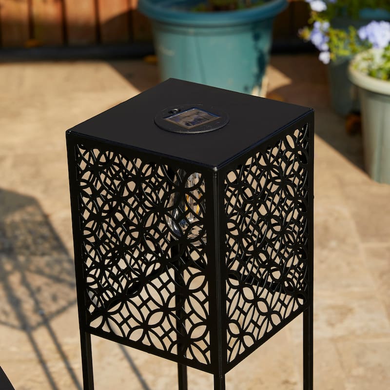 Glitzhome Set of 2 Outdoor Geometric Black Metal Solar Standing Lanterns with Bulb