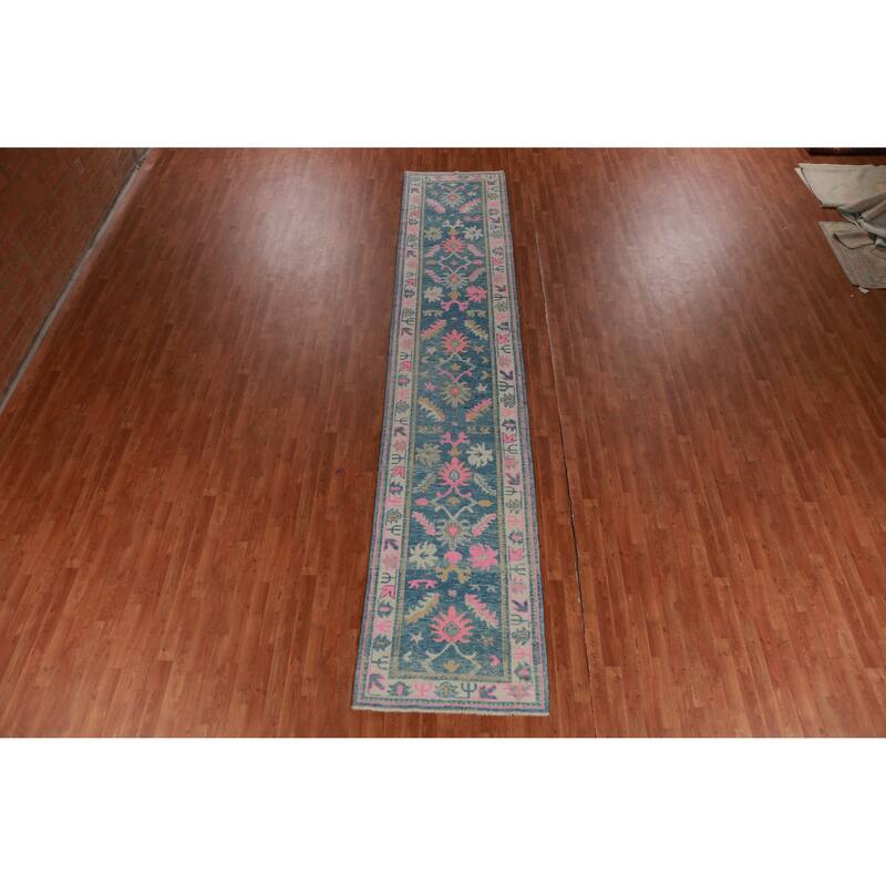 Hand Knotted Oriental 100% Wool Carpet Transitional Floral Navy Blue & Blues Oushak Runner Rug - 15' 10'' X 3' 2''