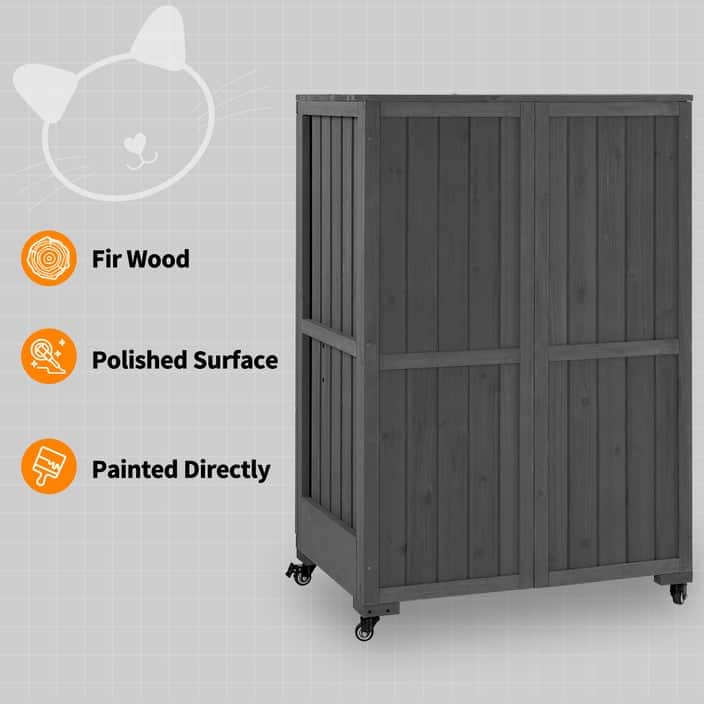Mcombo Luxury Cat House with Scratching Post, Wooden Large Cat Villa with Wheels, Multi-Feature Cat Condo with Escape Door CT83
