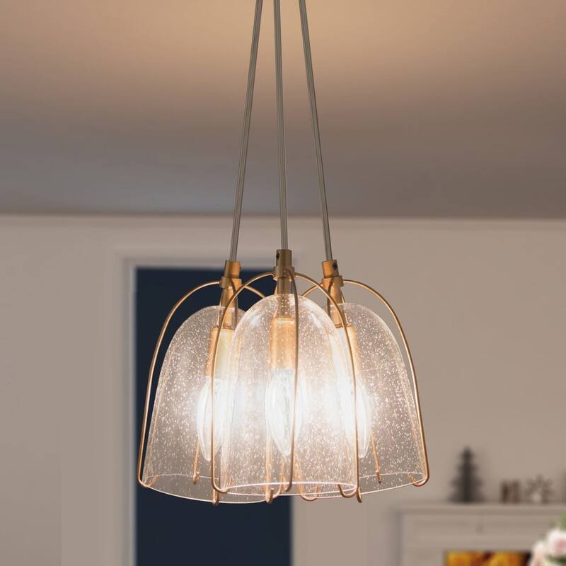 Modern Gold Pendant Light Fixture with Seeded Glass Shades for Foyer and Kitchen Area - 10.5"D x 8.5"H