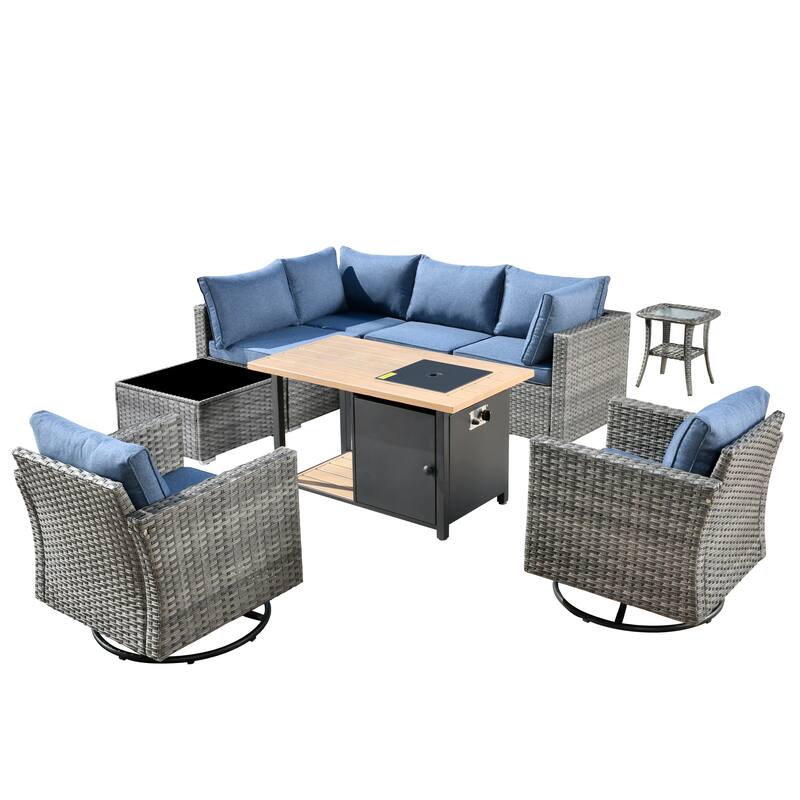 XIZZI 9-piece Outdoor Patio Wicker Sectional Sofa Set with Fire Pit Table