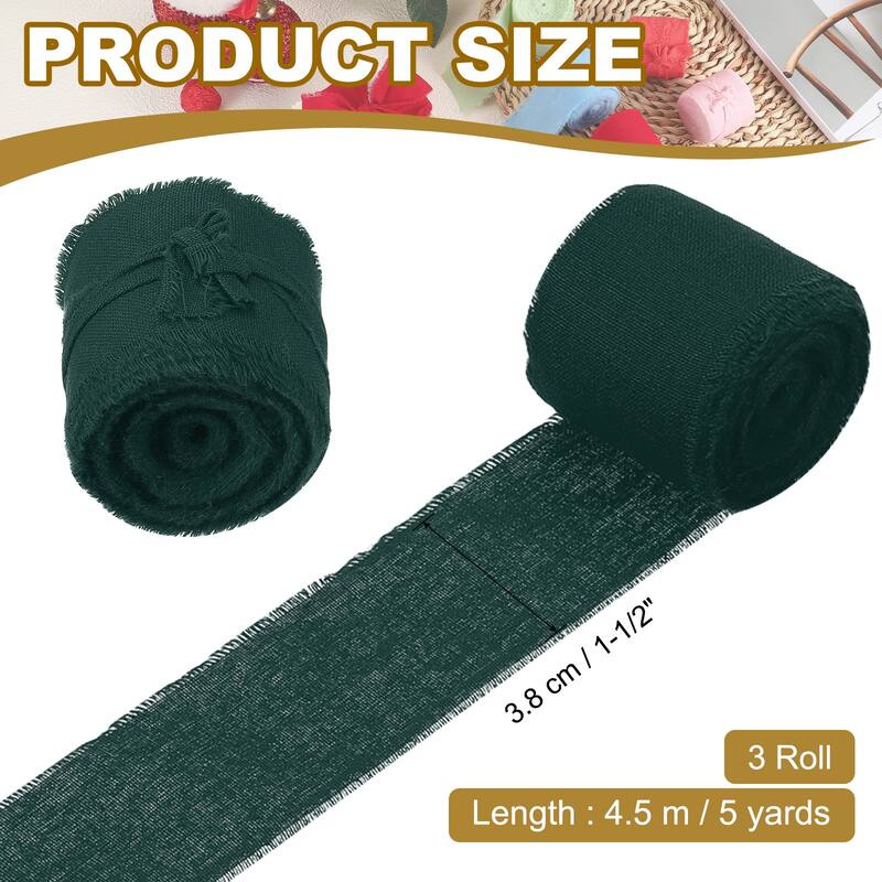 1-1/2"x15 Yd Handmade Fringe Cotton Ribbon Frayed Ribbons 3 Roll - 5Yd - Forest Green